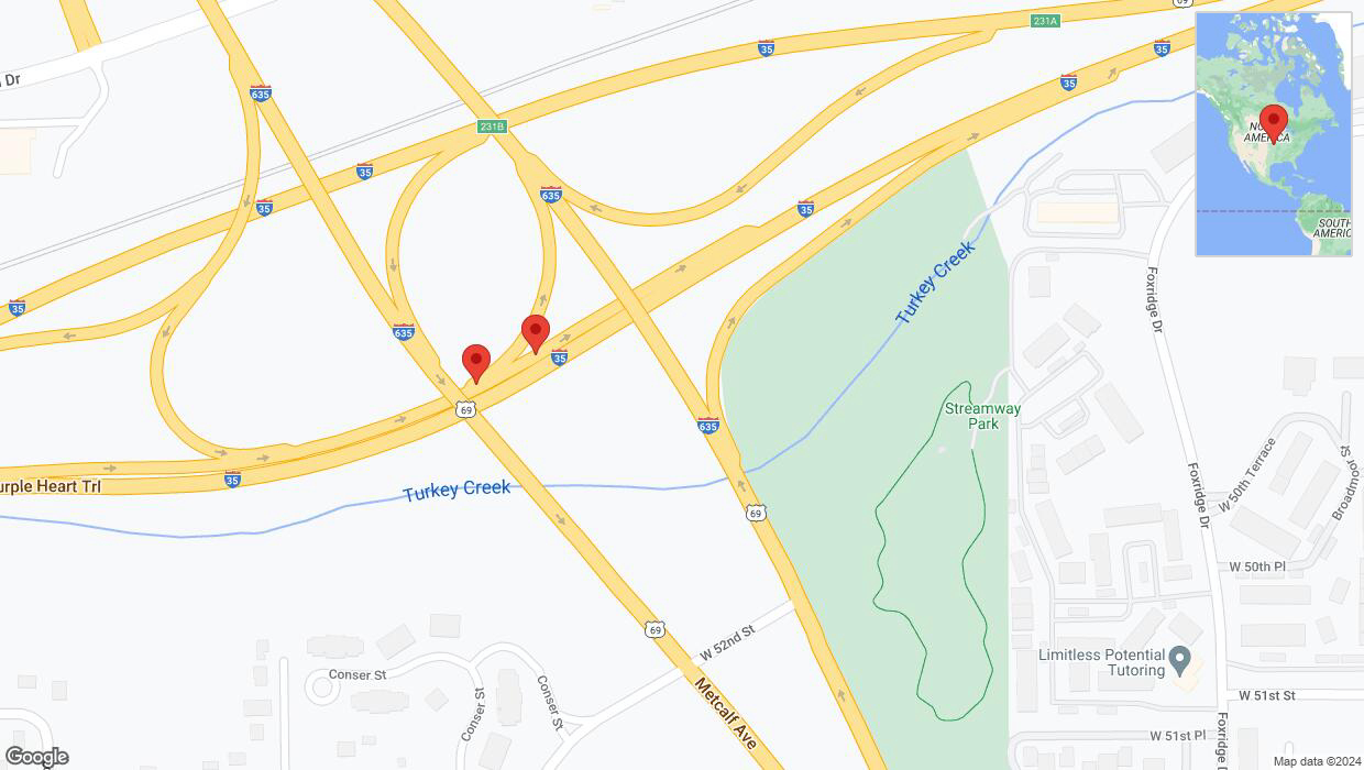 A detailed map that shows the affected road due to 'Broken down vehicle on Purple Heart Trail in Overland Park' on August 4th at 2:16 p.m.
