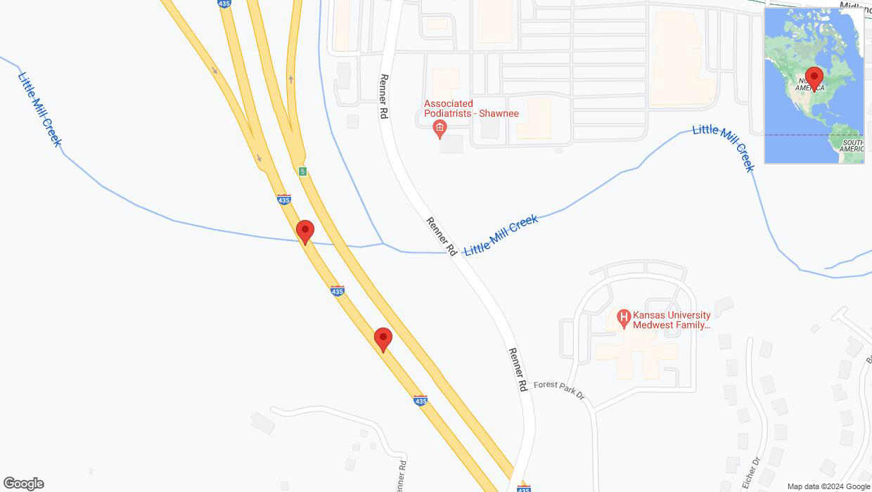 A detailed map that shows the affected road due to 'Lane on I-435 closed in Shawnee' on August 4th at 2:34 p.m.