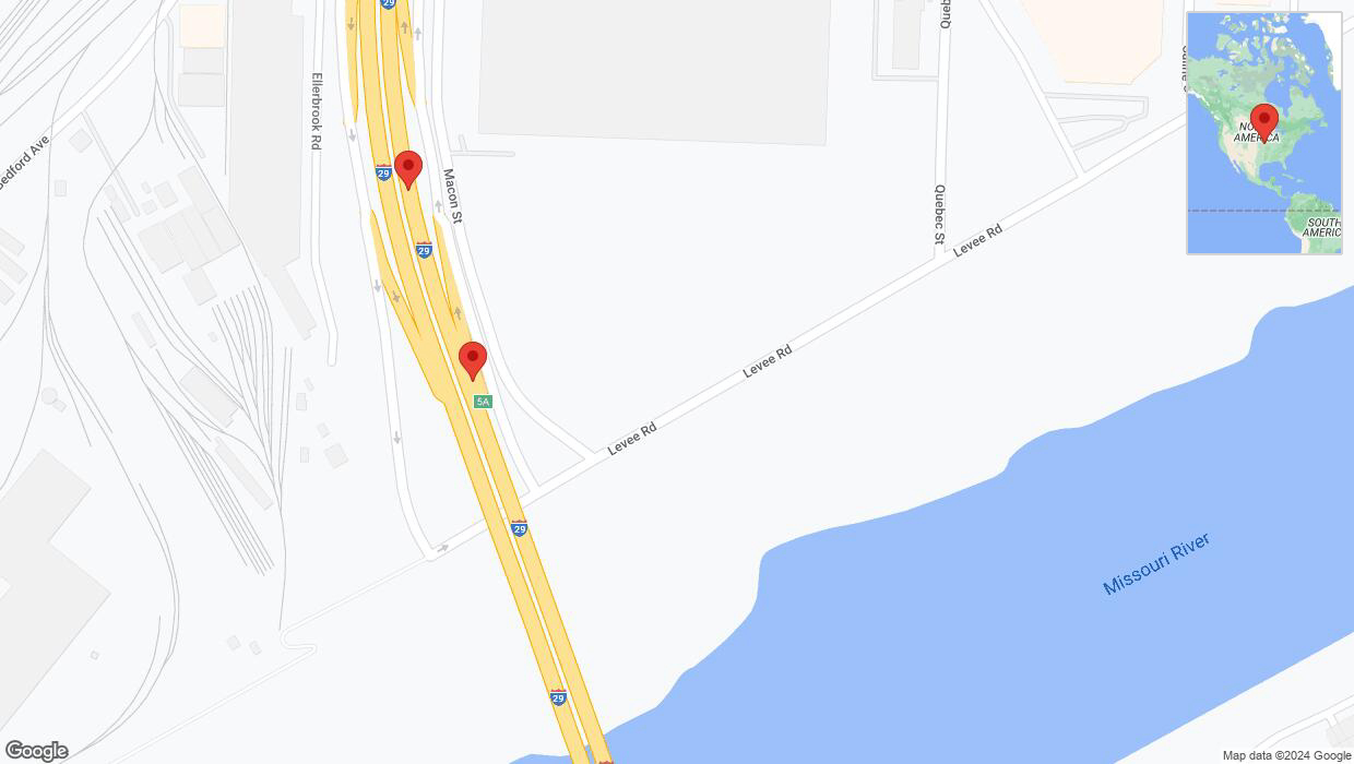 A detailed map that shows the affected road due to 'Broken down vehicle on northbound I-29/I-35 in North Kansas City' on August 4th at 3:28 p.m.