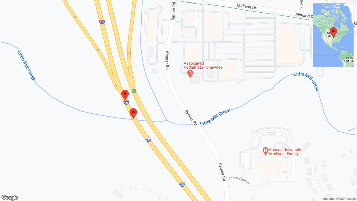 A detailed map that shows the affected road due to 'Lane on I-435 closed in Shawnee' on August 4th at 3:34 p.m.