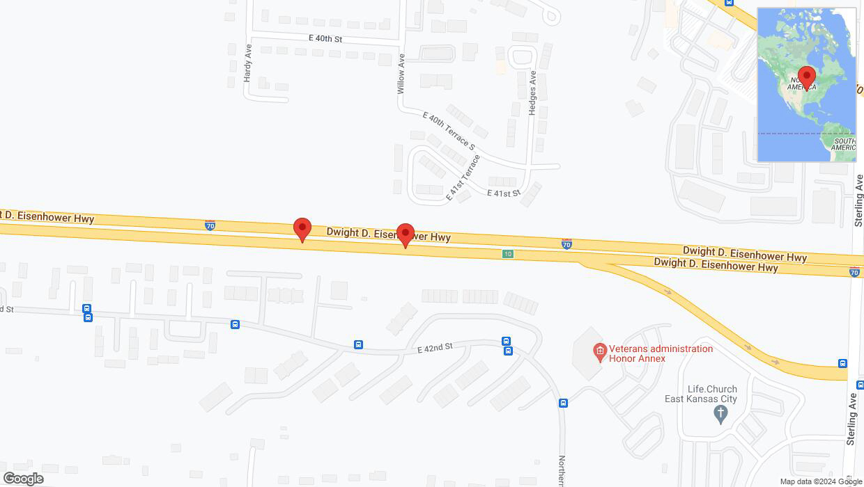 A detailed map that shows the affected road due to 'Broken down vehicle on eastbound I-70 in Kansas City' on August 4th at 5:52 p.m.