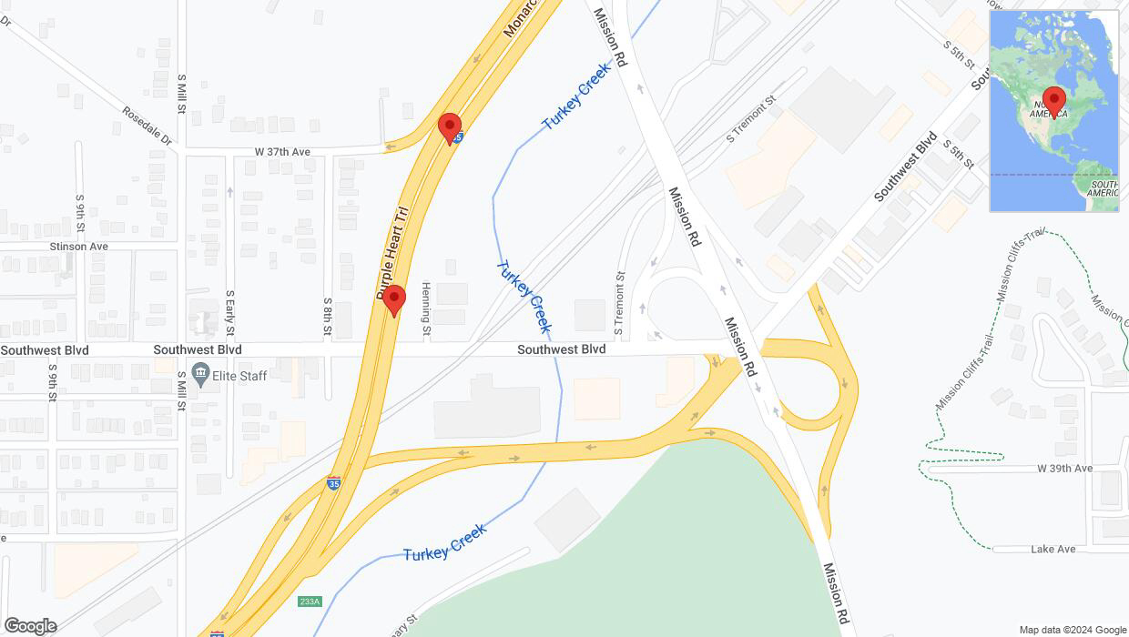 A detailed map that shows the affected road due to 'Broken down vehicle on northbound I-35 in Kansas City' on August 4th at 5:58 p.m.