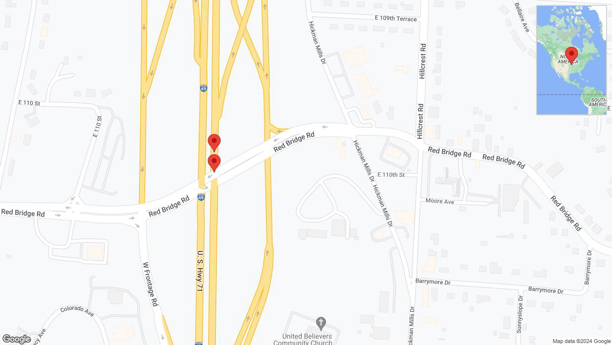 A detailed map that shows the affected road due to 'Broken down vehicle on northbound I-40/US-71 in Kansas City' on August 4th at 6:34 p.m.