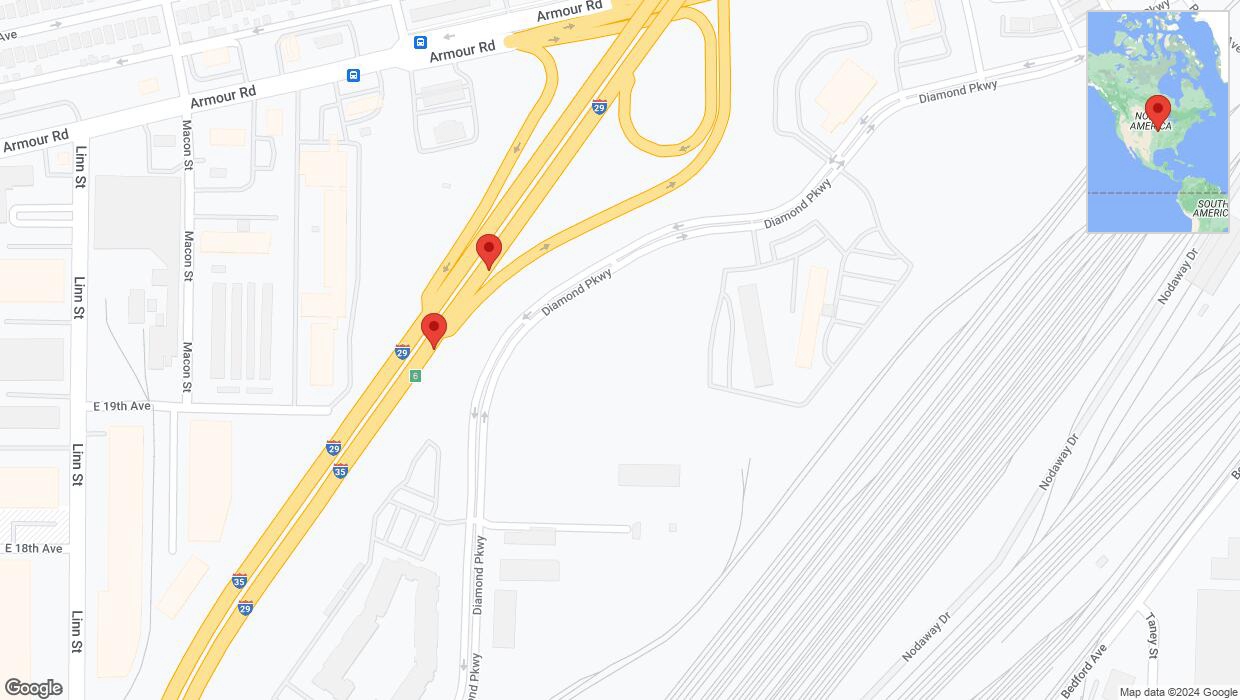 A detailed map that shows the affected road due to 'Broken down vehicle on northbound I-29/I-35 in North Kansas City' on August 4th at 7:52 p.m.