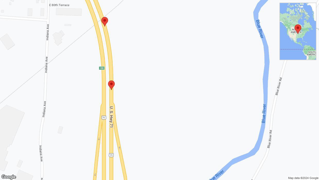 A detailed map that shows the affected road due to 'Broken down vehicle on northbound I-40/US-71 in Kansas City' on August 4th at 9:10 p.m.