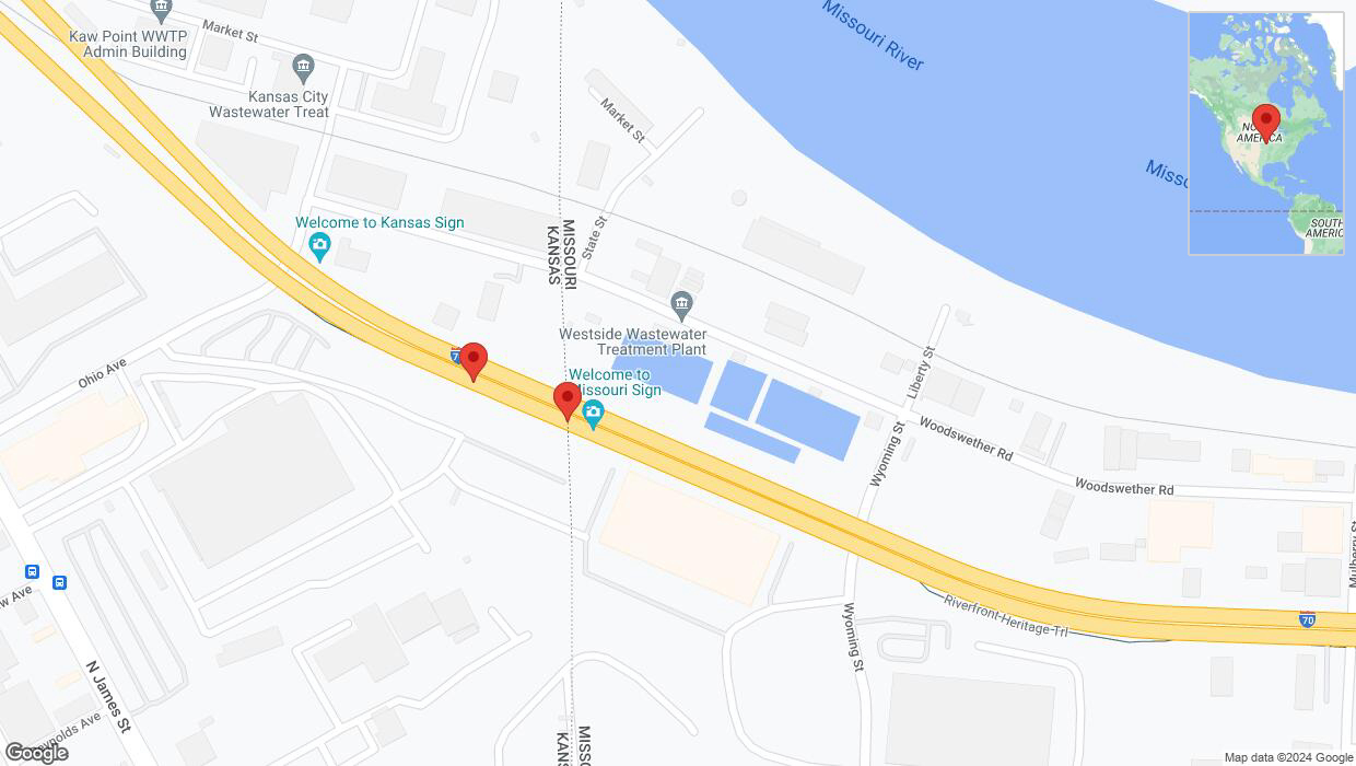 A detailed map that shows the affected road due to 'Broken down vehicle on eastbound I-70 in Kansas City' on August 4th at 10:04 p.m.
