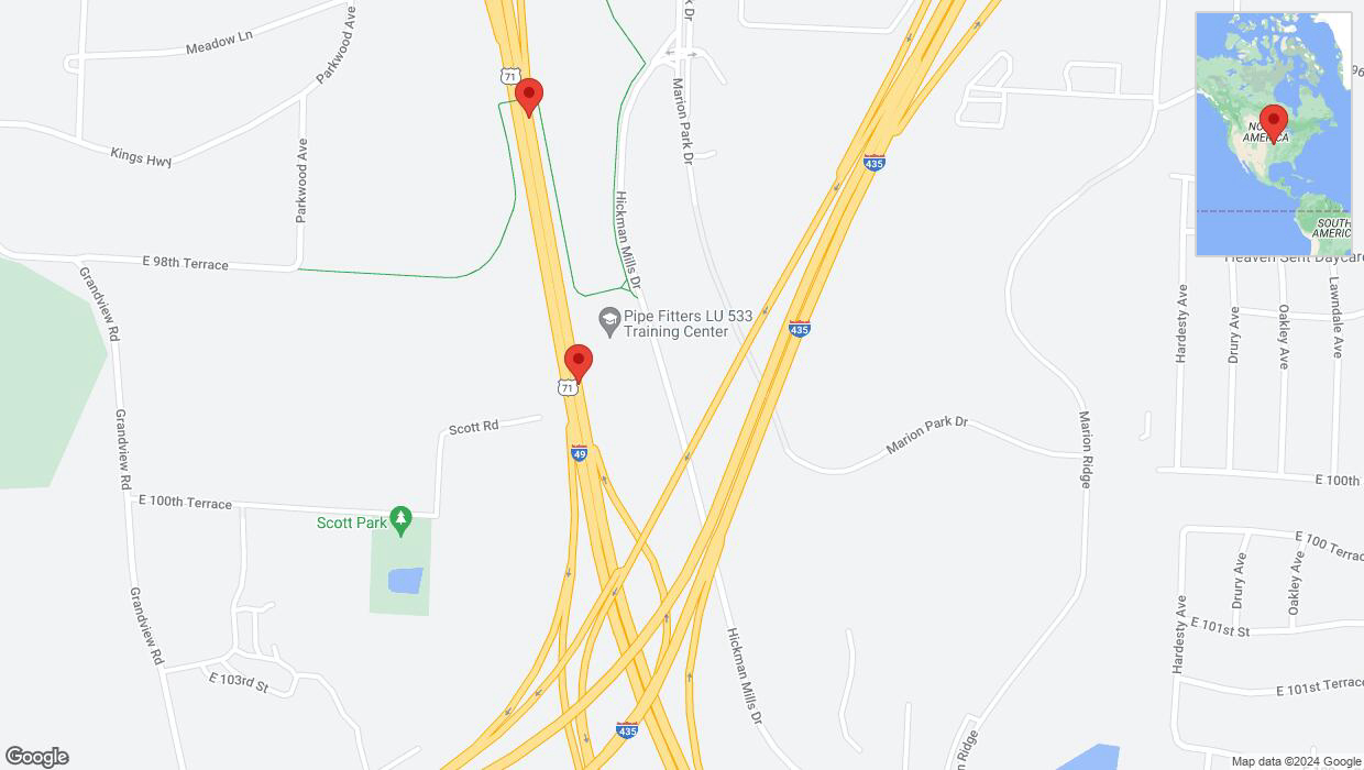 A detailed map that shows the affected road due to 'Broken down vehicle on northbound I-40/US-71 in Kansas City' on August 4th at 10:40 p.m.