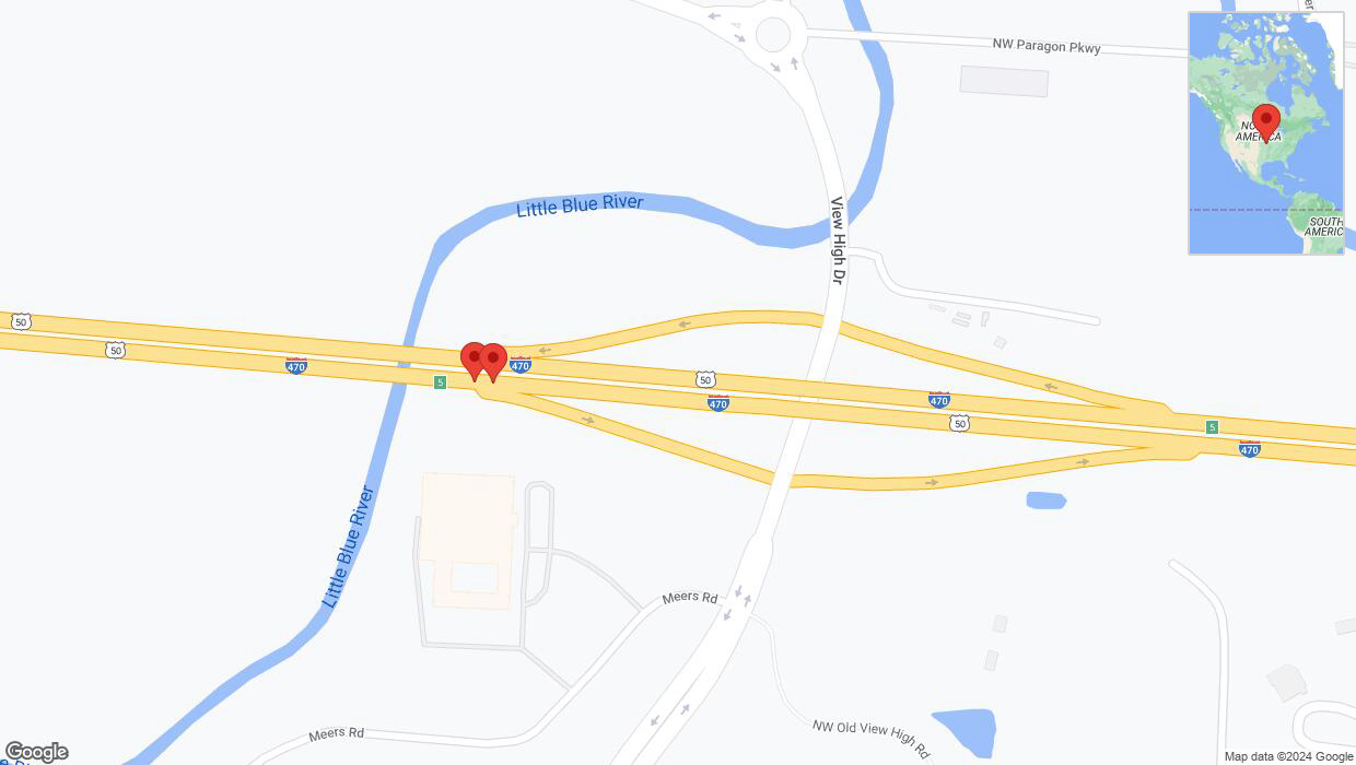 A detailed map that shows the affected road due to 'Broken down vehicle on eastbound I-470 in Kansas City' on August 4th at 11:45 p.m.