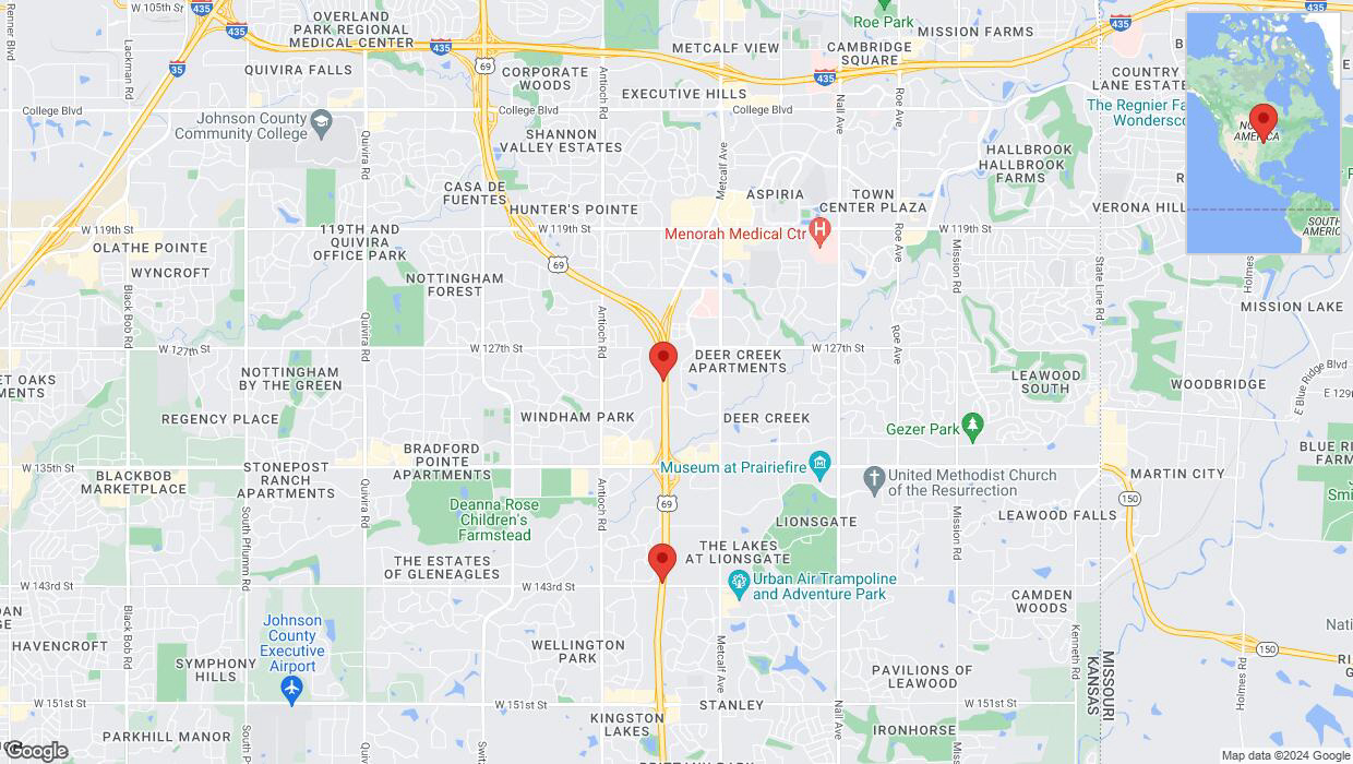 A detailed map that shows the affected road due to 'Lane on US-69 closed in Overland Park' on August 10th at 1 p.m.