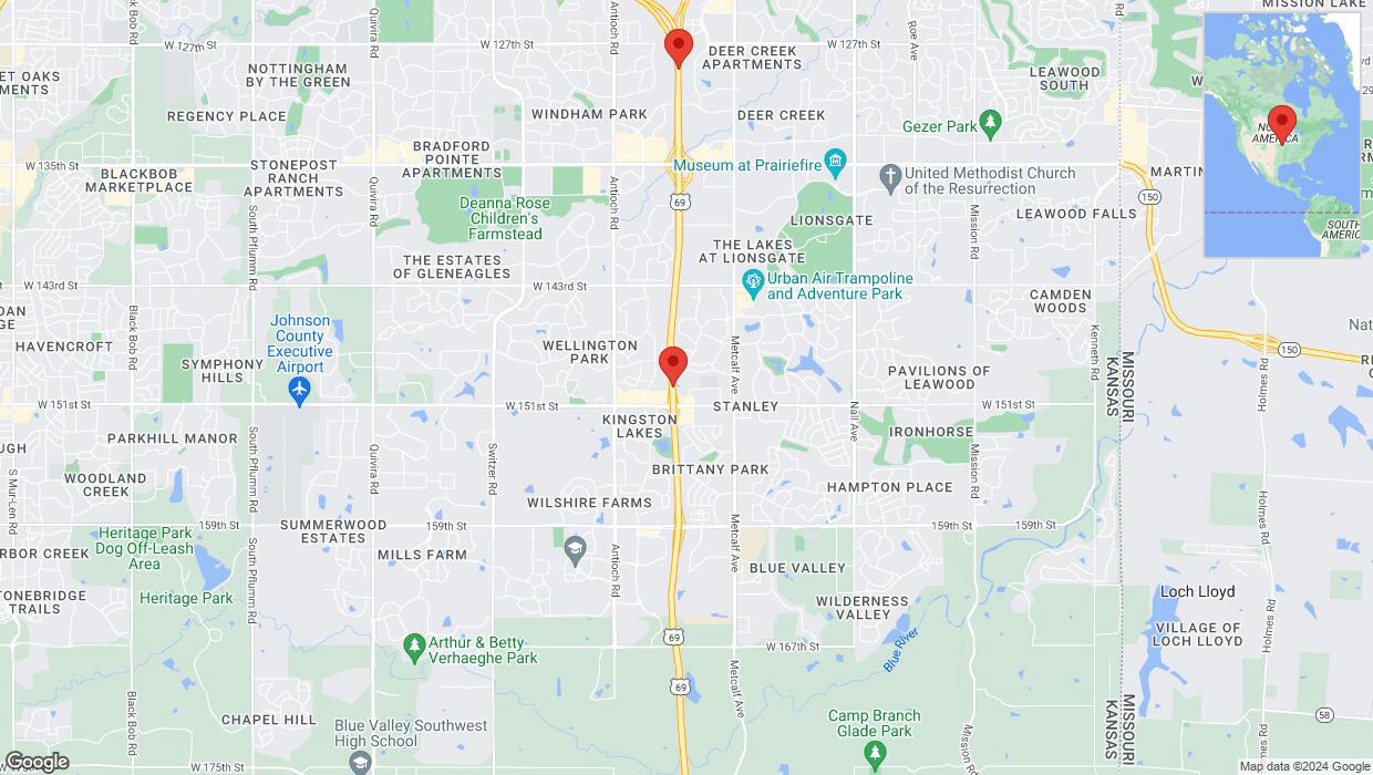 A detailed map that shows the affected road due to 'Lane on US-69 closed in Overland Park' on August 10th at 5:02 p.m.