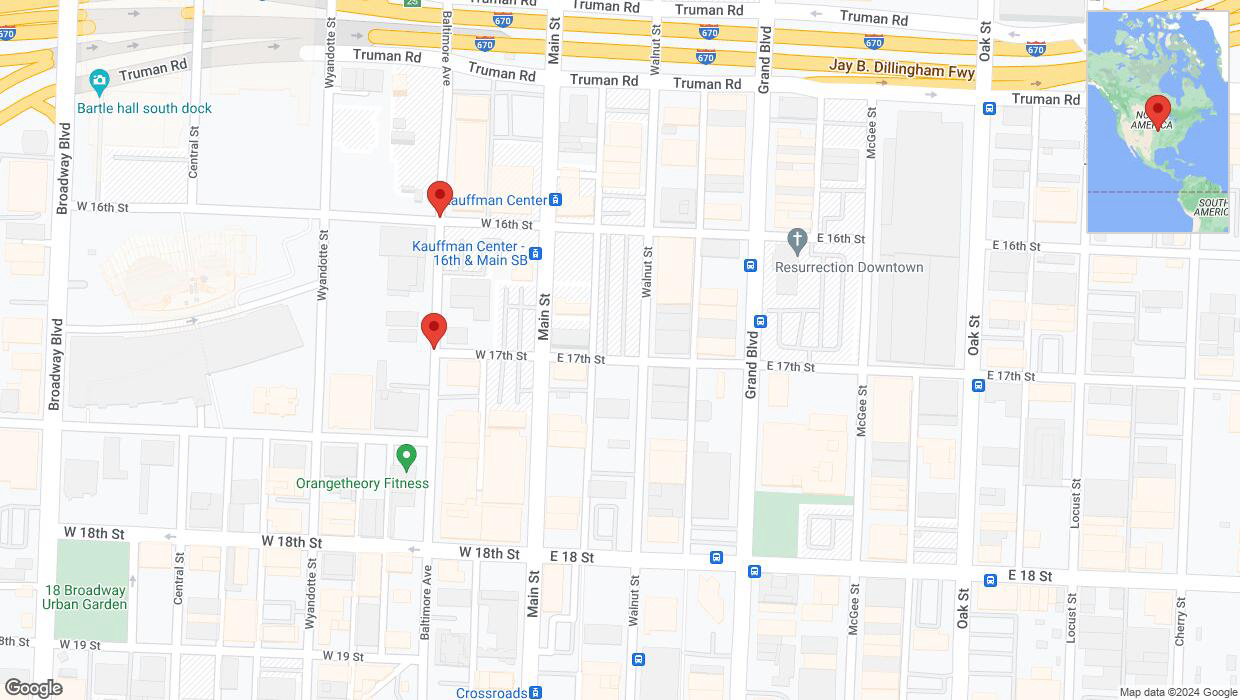 A detailed map that shows the affected road due to 'Kansas City: Baltimore Avenue closed' on August 5th at 12:47 p.m.