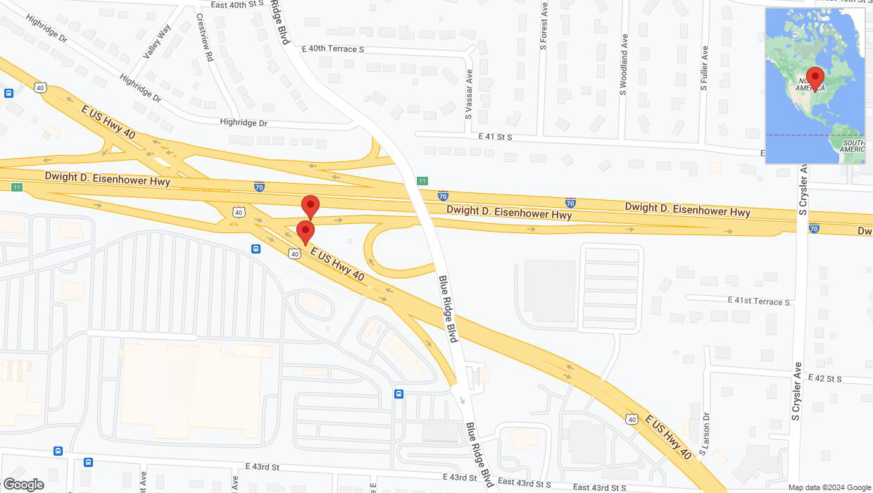 A detailed map that shows the affected road due to 'Broken down vehicle on U.S. 40 in Kansas City' on August 5th at 8:41 p.m.