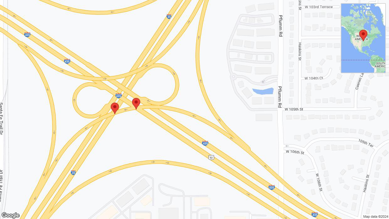 A detailed map that shows the affected road due to 'Broken down vehicle on westbound US-50 West in Lenexa' on August 5th at 3:29 p.m.