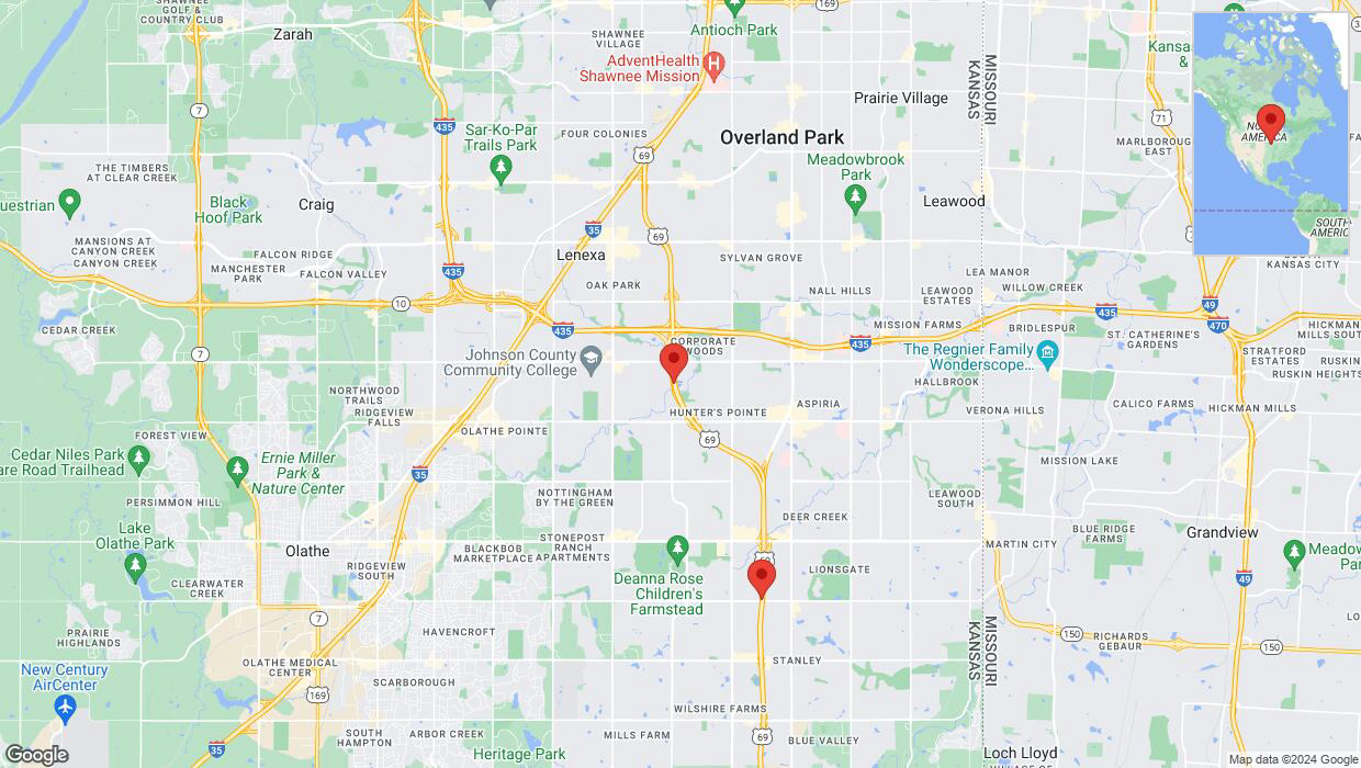 A detailed map that shows the affected road due to 'Lane on US-69 closed in Overland Park' on August 5th at 3:47 p.m.