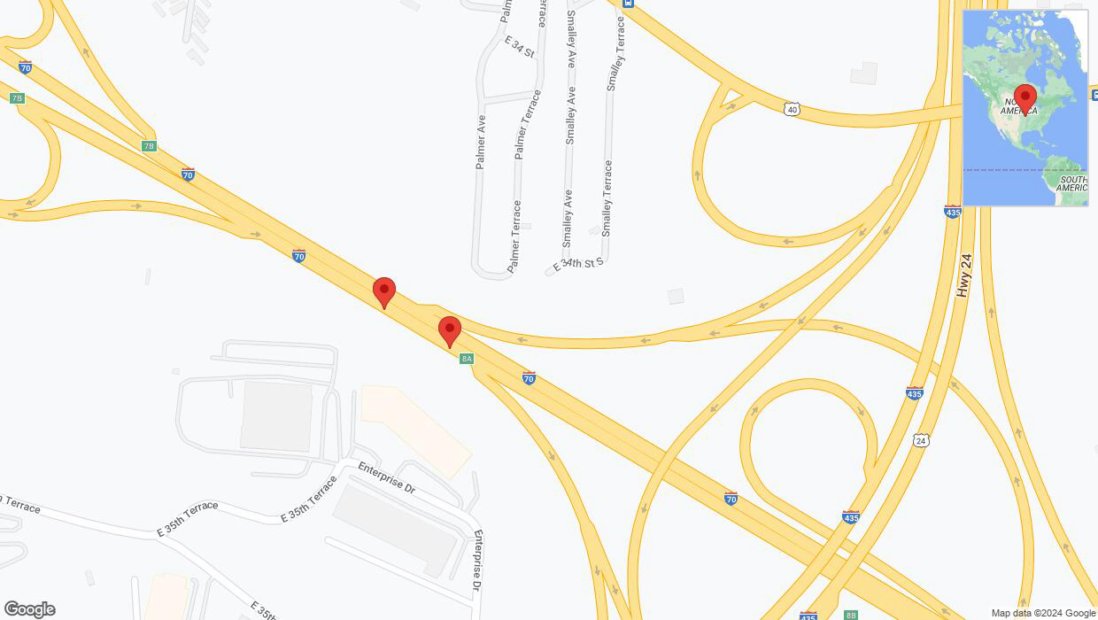 A detailed map that shows the affected road due to 'Broken down vehicle on eastbound I-70 in Kansas City' on August 5th at 4:17 p.m.