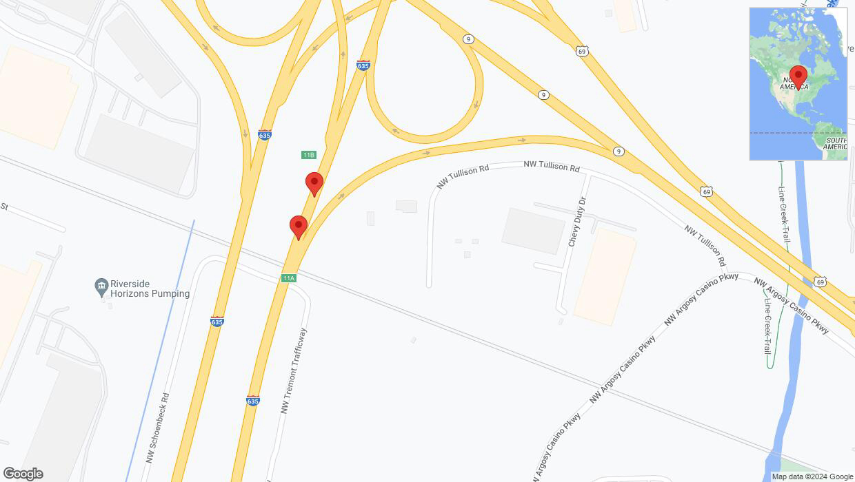 A detailed map that shows the affected road due to 'Broken down vehicle on northbound I-635 in Riverside' on August 5th at 4:05 p.m.