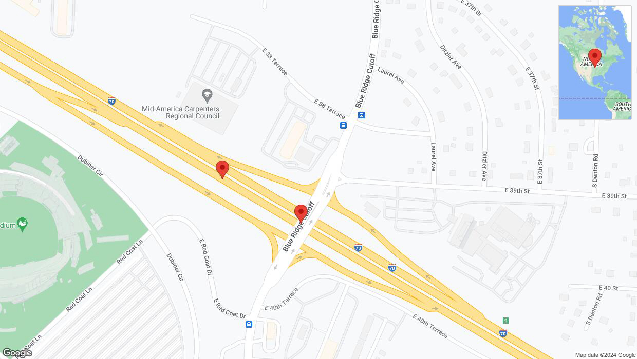 A detailed map that shows the affected road due to 'Broken down vehicle on eastbound I-70 in Kansas City' on August 5th at 5:29 p.m.