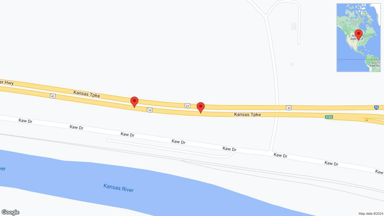 A detailed map that shows the affected road due to 'Broken down vehicle on eastbound I-70 in Kansas City' on August 5th at 5:59 p.m.