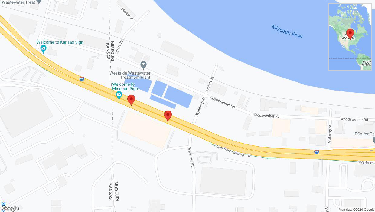 A detailed map that shows the affected road due to 'Broken down vehicle on eastbound I-70 in Kansas City' on August 5th at 5:59 p.m.