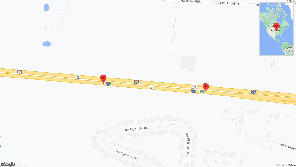 A detailed map that shows the affected road due to 'Broken down vehicle on eastbound I-470 in Lee's Summit' on August 5th at 5:59 p.m.