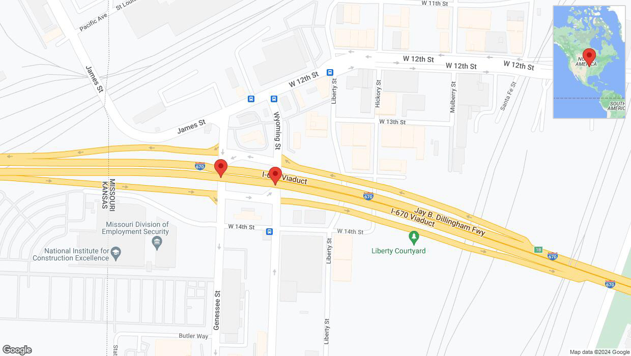 A detailed map that shows the affected road due to 'Broken down vehicle on eastbound I-670 in Kansas City' on August 5th at 6:41 p.m.