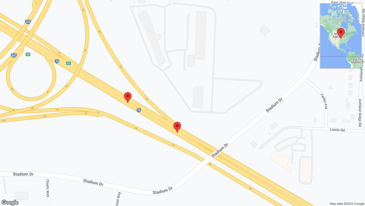 A detailed map that shows the affected road due to 'Broken down vehicle on eastbound I-70 in Kansas City' on August 5th at 7:29 p.m.
