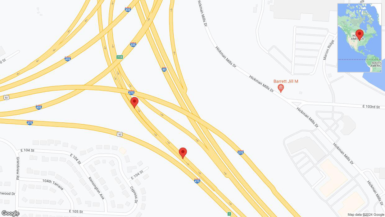 A detailed map that shows the affected road due to 'Broken down vehicle on East 104 Street in Kansas City' on August 5th at 9:23 p.m.