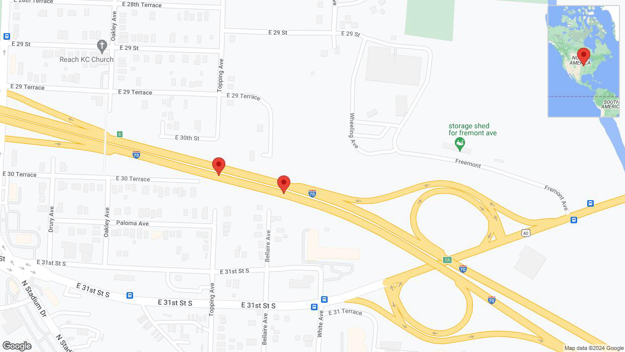 A detailed map that shows the affected road due to 'Broken down vehicle on eastbound I-70 in Kansas City' on August 5th at 10:29 p.m.