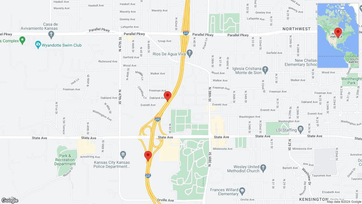 A detailed map that shows the affected road due to 'Lane on I-635 closed in Kansas City' on August 5th at 10:47 p.m.