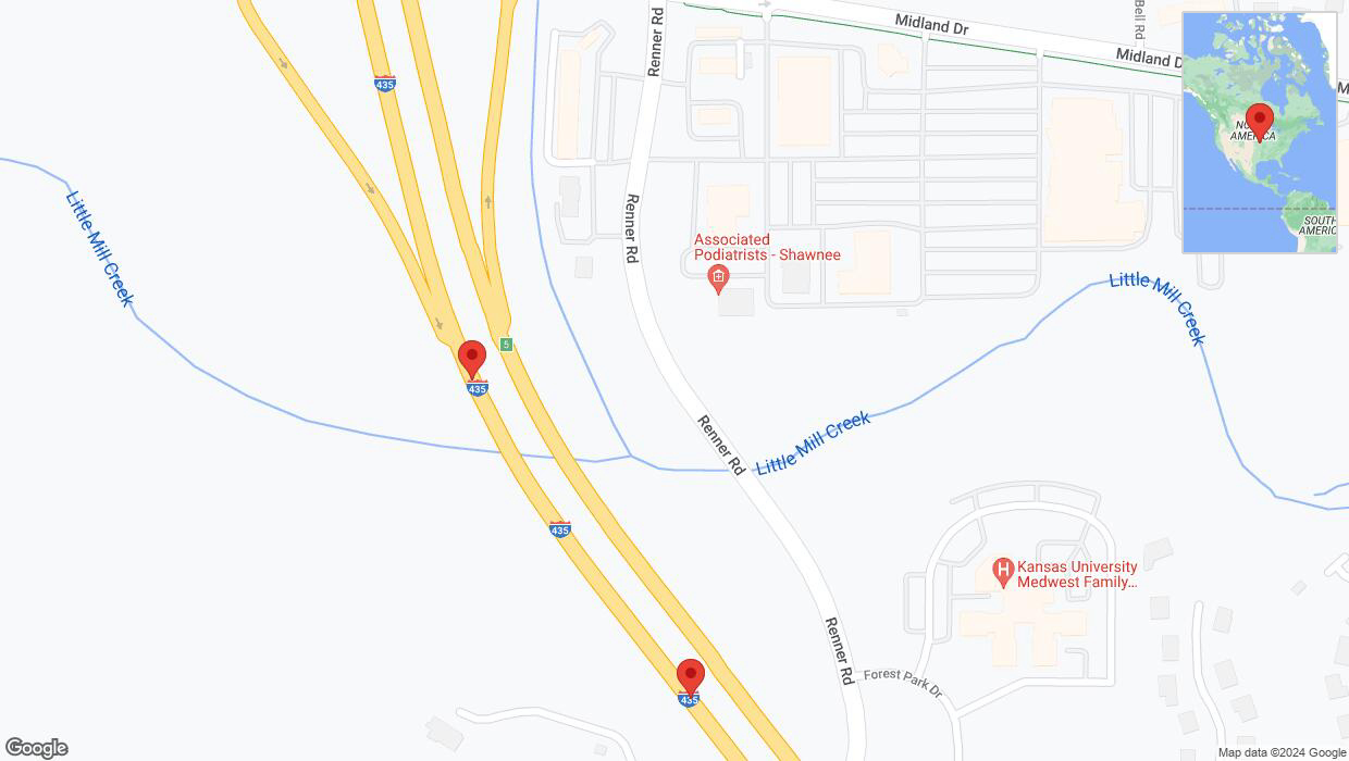 A detailed map that shows the affected road due to 'Lane on I-435 closed in Shawnee' on August 5th at 10:47 p.m.