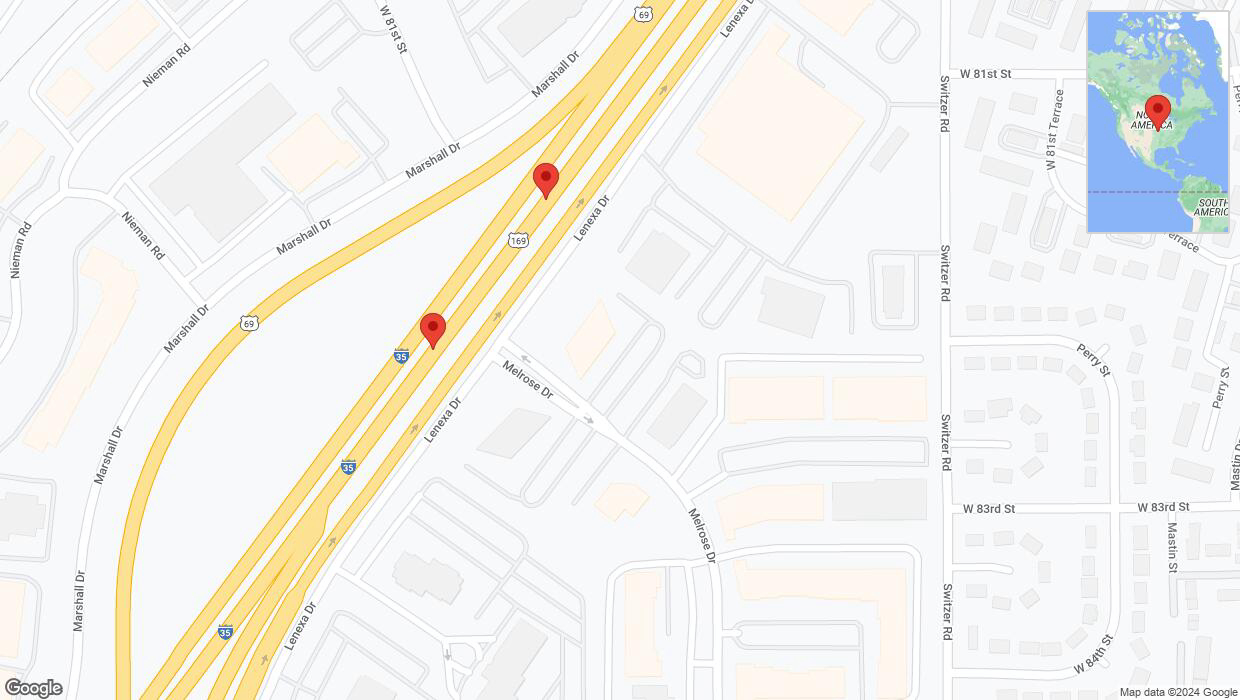 A detailed map that shows the affected road due to 'Broken down vehicle on eastbound I-35 in Lenexa' on August 6th at 12:47 p.m.