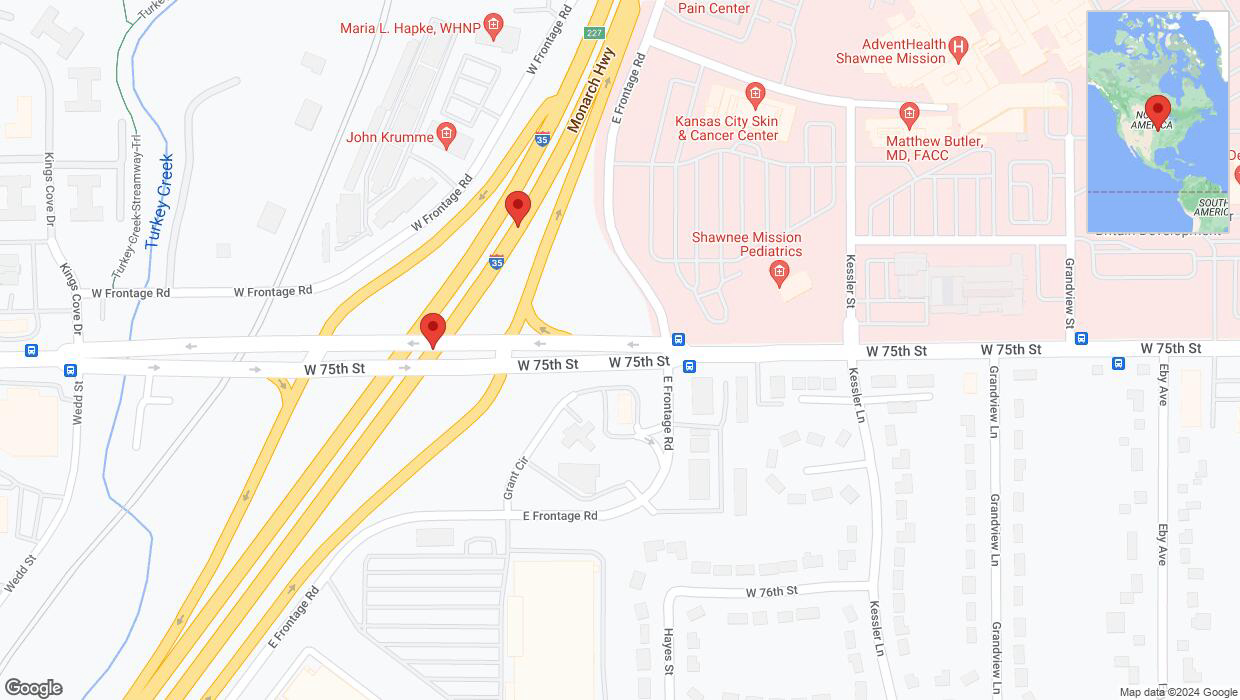 A detailed map that shows the affected road due to 'Broken down vehicle on eastbound I-35 in Overland Park' on August 6th at 12:29 p.m.
