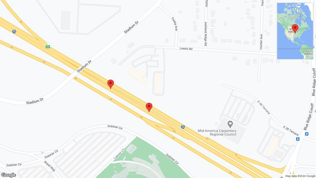 A detailed map that shows the affected road due to 'Broken down vehicle on eastbound I-70 in Kansas City' on August 10th at 11:54 p.m.