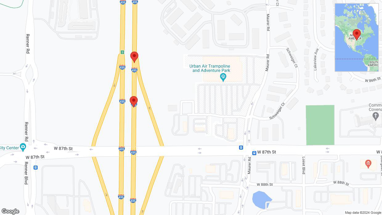 A detailed map that shows the affected road due to 'Broken down vehicle on northbound I-435 in Lenexa' on August 6th at 12:41 p.m.