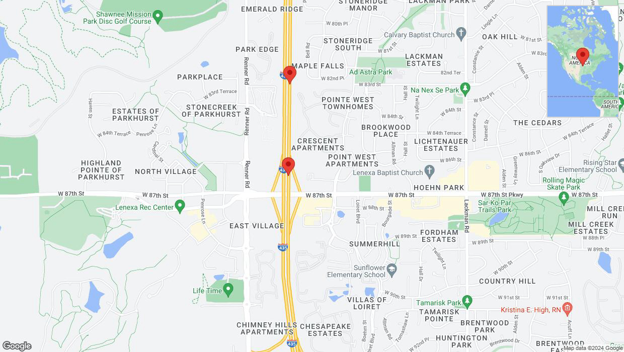 A detailed map that shows the affected road due to 'Broken down vehicle on northbound I-435 in Lenexa' on August 6th at 12:11 p.m.