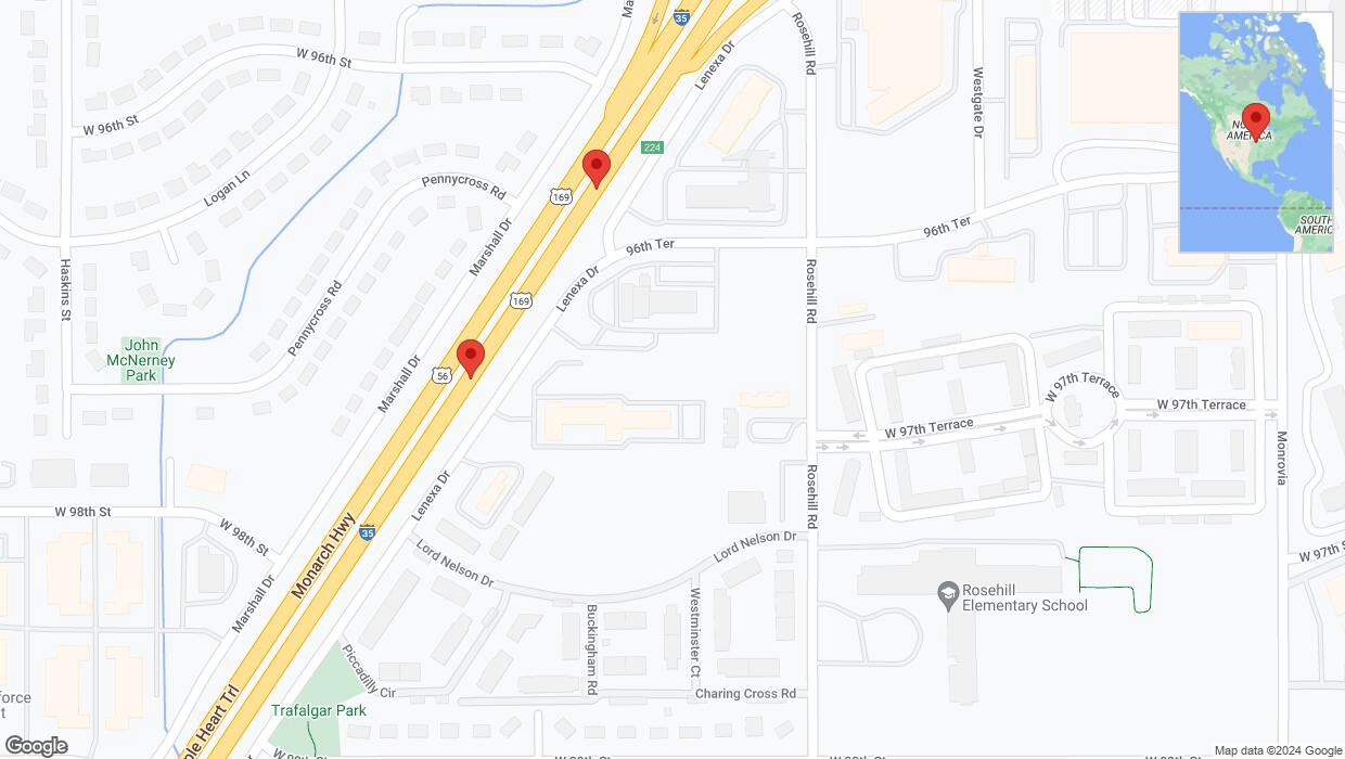 A detailed map that shows the affected road due to 'Broken down vehicle on eastbound I-35 in Lenexa' on August 6th at 1:59 p.m.