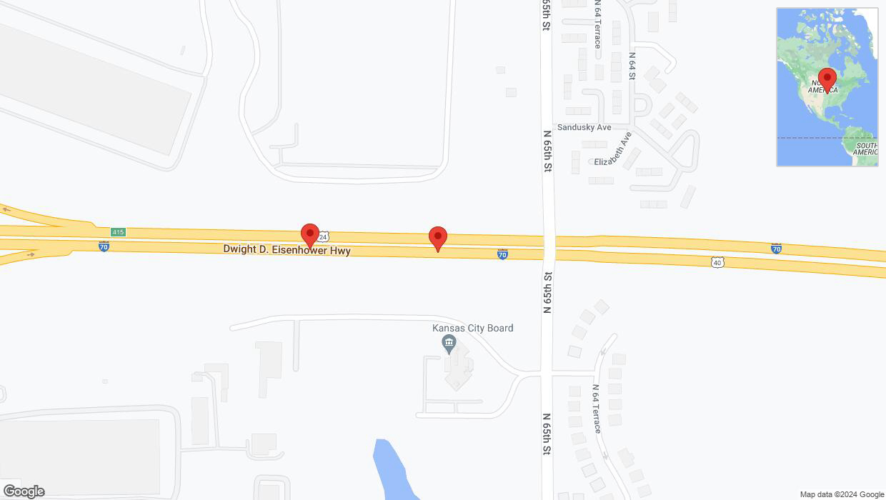 A detailed map that shows the affected road due to 'Broken down vehicle on eastbound I-70 in Kansas City' on August 6th at 2:05 p.m.