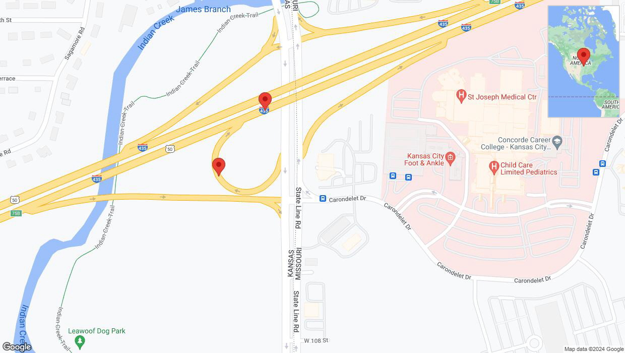 A detailed map that shows the affected road due to 'Broken down vehicle on U.S. 50 in Leawood' on August 6th at 3:05 p.m.