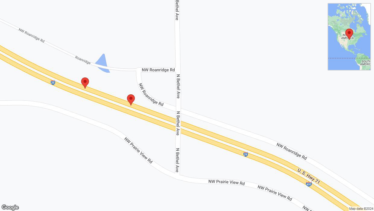 A detailed map that shows the affected road due to 'Broken down vehicle on northbound I-435/I-29 in Platte City' on August 6th at 4:53 p.m.
