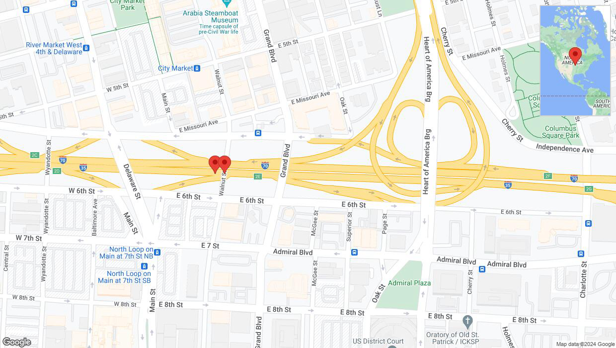 A detailed map that shows the affected road due to 'Broken down vehicle on eastbound I-70/I-35 in Kansas City' on August 6th at 4:41 p.m.