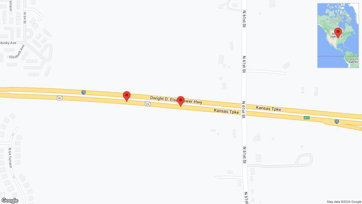 A detailed map that shows the affected road due to 'Broken down vehicle on eastbound I-70 in Kansas City' on August 6th at 5:23 p.m.
