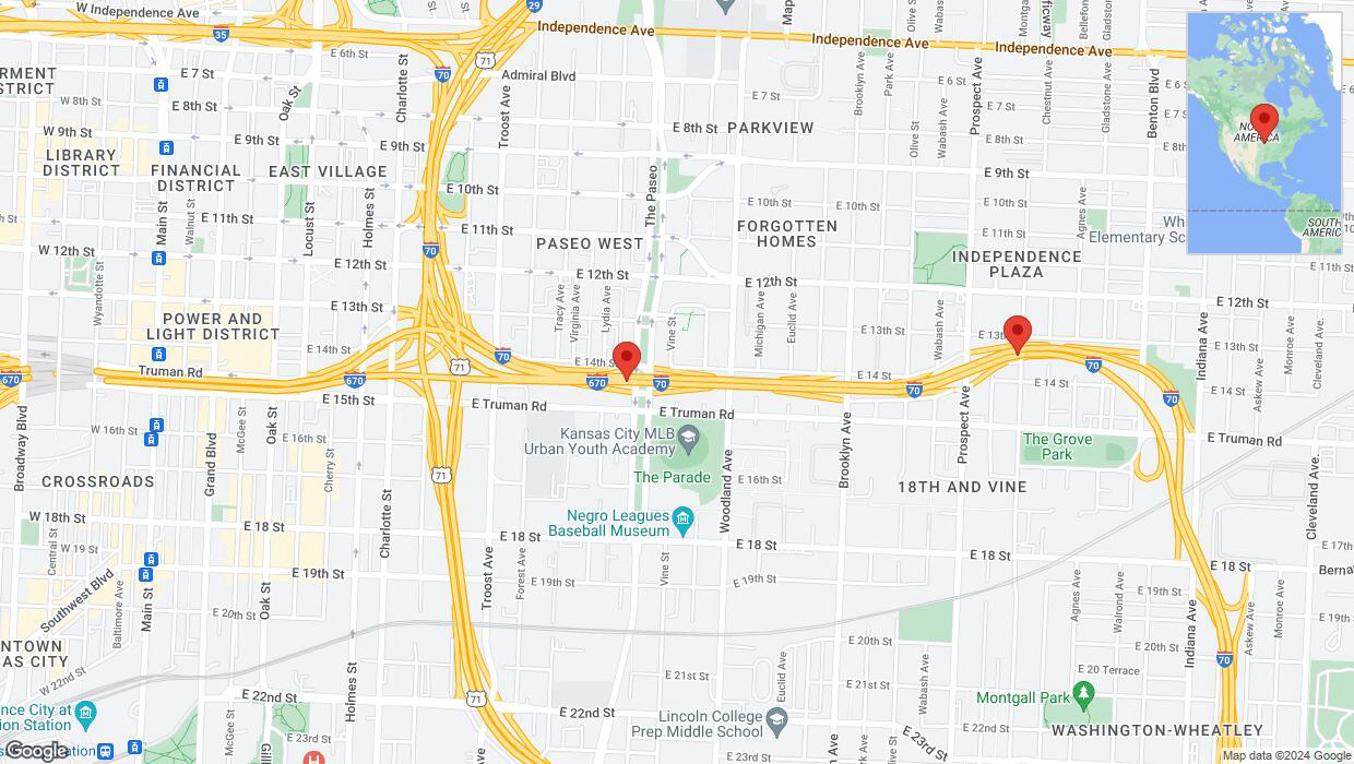 A detailed map that shows the affected road due to 'Warning in Kansas City: Crash reported on eastbound I-70' on August 6th at 4:59 p.m.