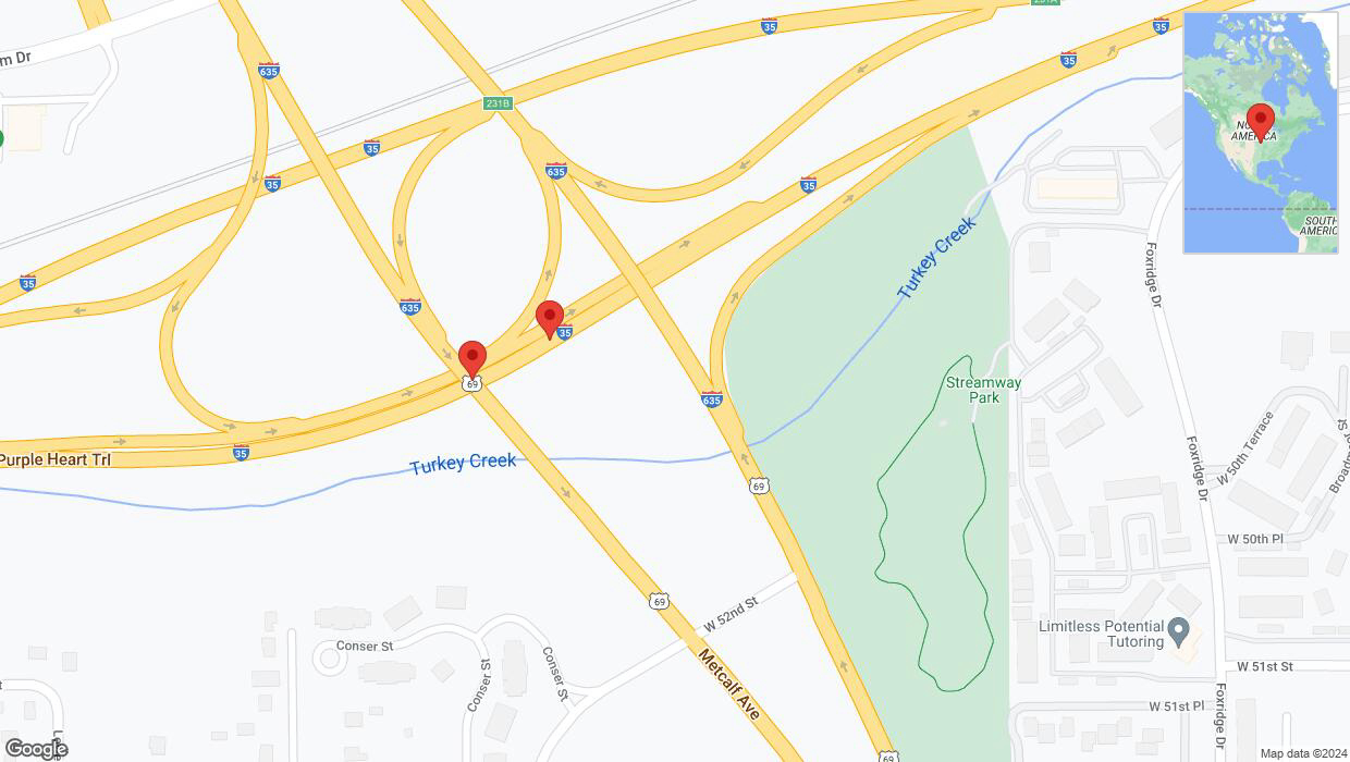 A detailed map that shows the affected road due to 'Broken down vehicle on northbound I-35 in Overland Park' on August 6th at 5:29 p.m.