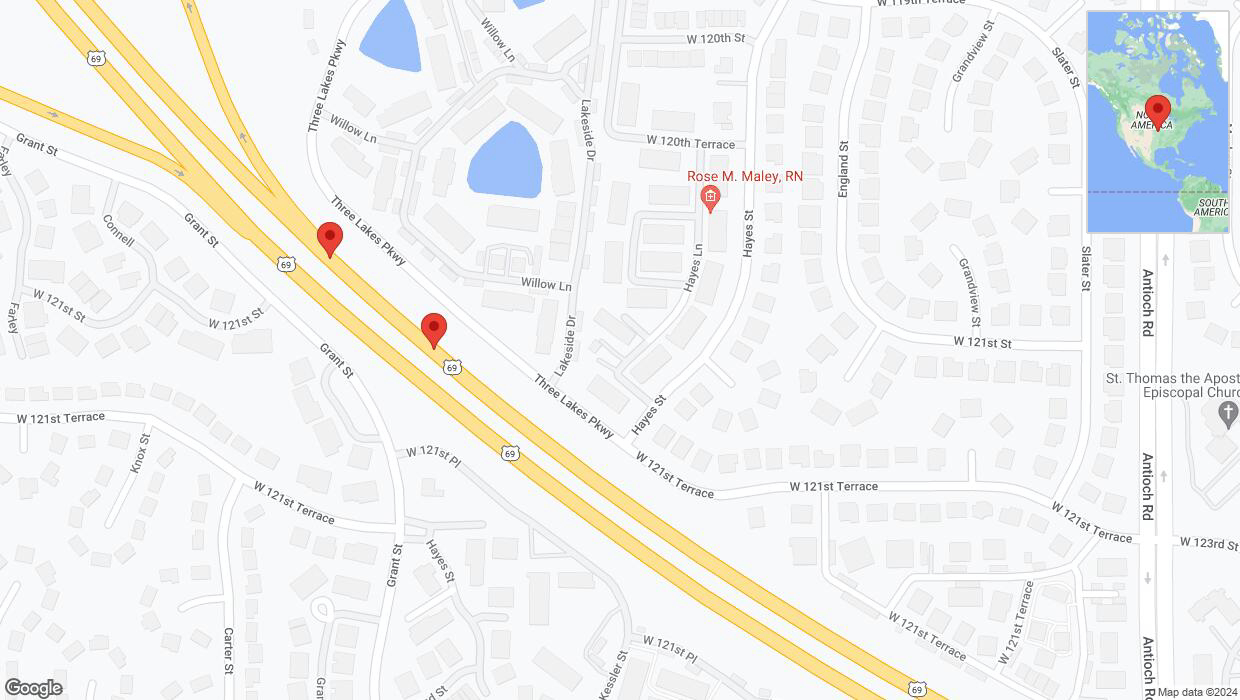 A detailed map that shows the affected road due to 'Broken down vehicle on northbound US-69 in Overland Park' on August 6th at 6:29 p.m.