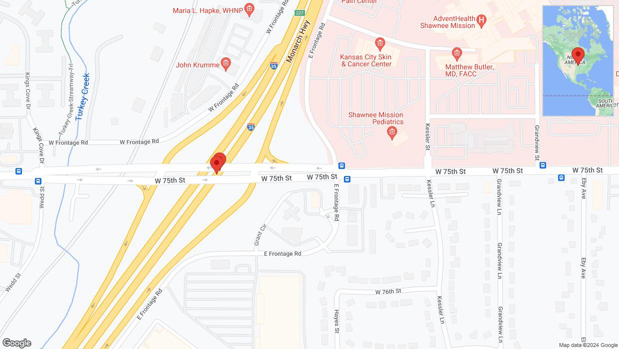 A detailed map that shows the affected road due to 'Broken down vehicle on eastbound I-35 in Overland Park' on August 6th at 7:59 p.m.
