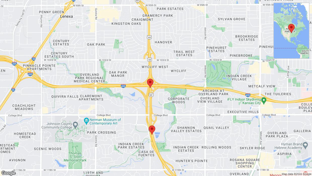 A detailed map that shows the affected road due to 'US-69 closed in Overland Park' on August 6th at 7:41 p.m.