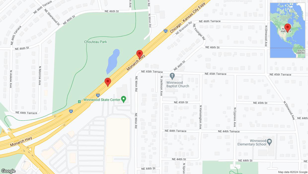 A detailed map that shows the affected road due to 'Broken down vehicle on northbound I-35 in Kansas City' on August 6th at 8:35 p.m.