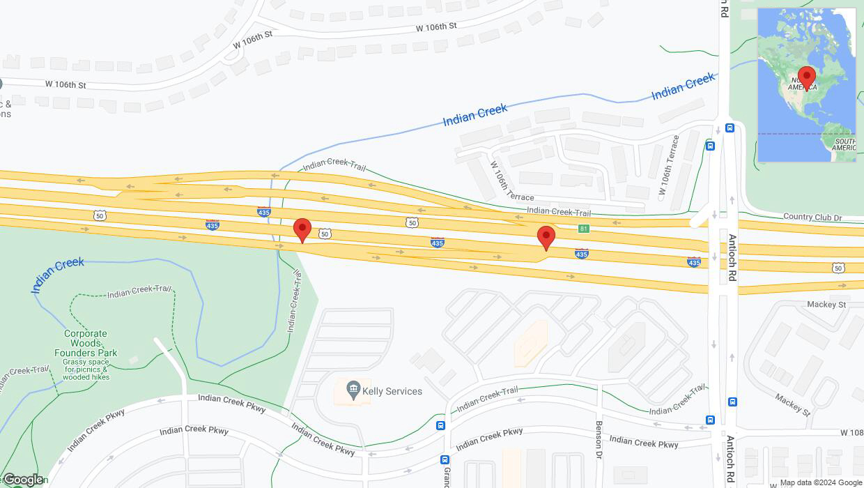 A detailed map that shows the affected road due to 'Warning in Overland Park: Crash reported on U.S. 50' on August 6th at 8:47 p.m.