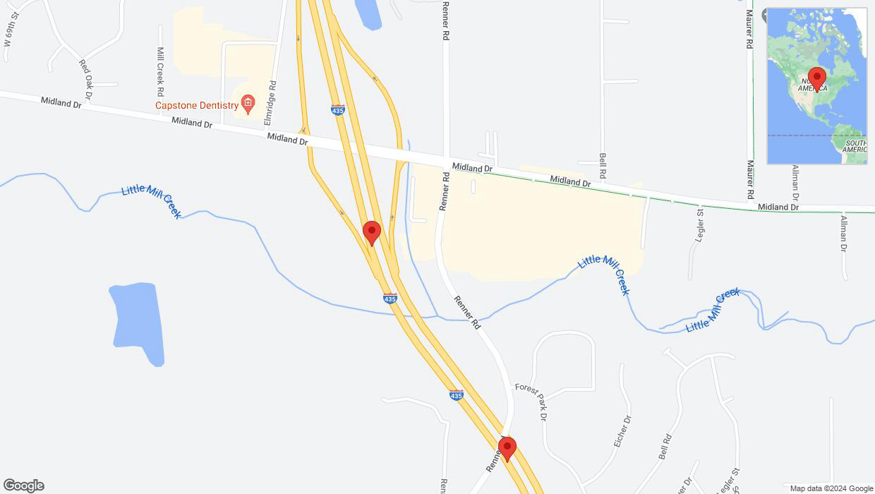 A detailed map that shows the affected road due to 'Lane on I-435 closed in Shawnee' on August 6th at 8:53 p.m.