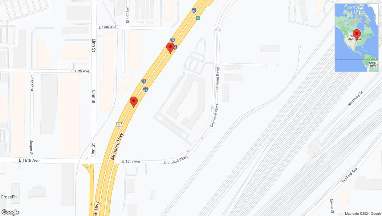 A detailed map that shows the affected road due to 'Reports of a crash on northbound I-29/I-35' on August 6th at 10:53 p.m.